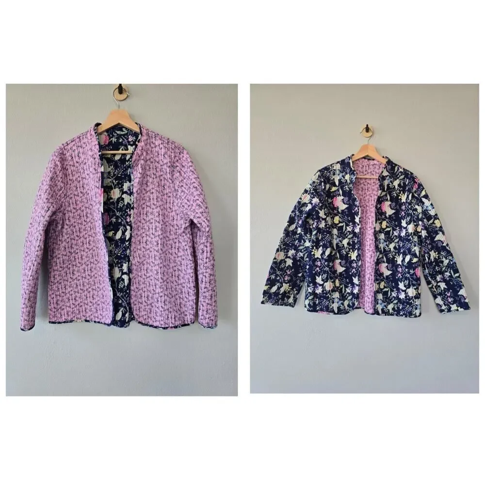 Reversible Quilted Floral Jacket Cottagecore Cotton Women Size L Vintage Boho